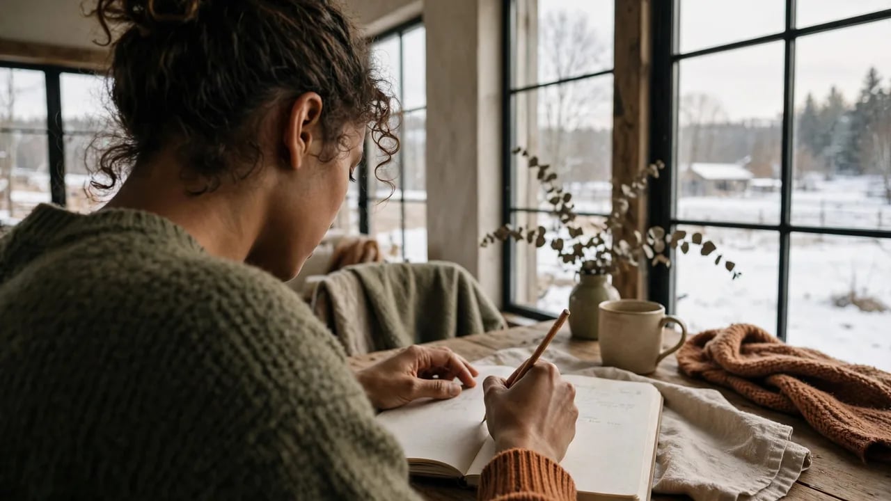 A woman with curly hair sits at a wooden table, writing in an open notebook with a pencil, near a window looking out at a snow-covered landscape.