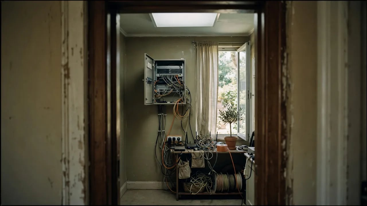 A wall-mounted network server cabinet with exposed cables in a cluttered home office room, viewed through a doorway.