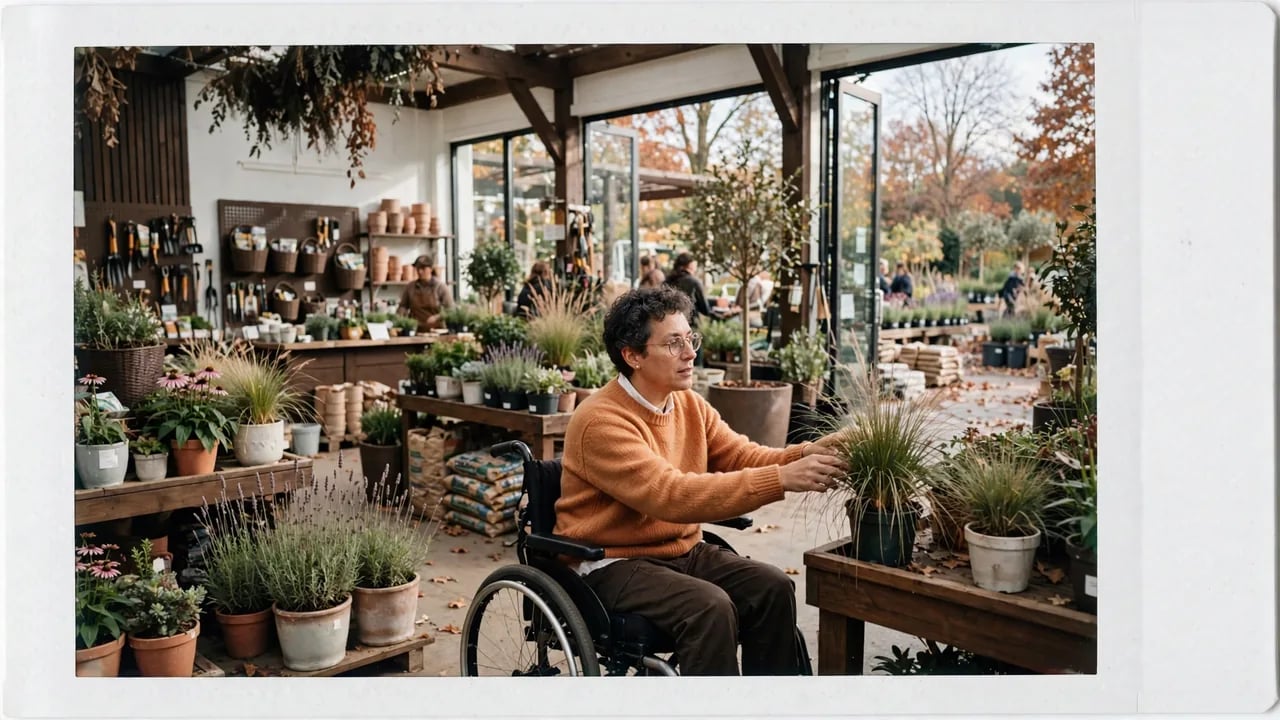A person in a wheelchair wearing an orange sweater carefully touches a potted plant inside a plant nursery or garden center filled with various plants in pots and tools.