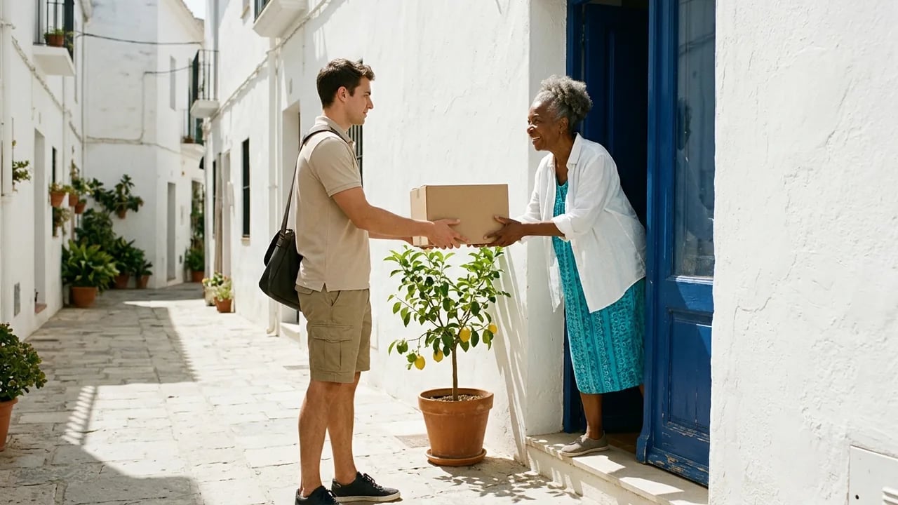 A courier in casual clothes hands a cardboard package to an older woman at her doorway in a Mediterranean-style street.