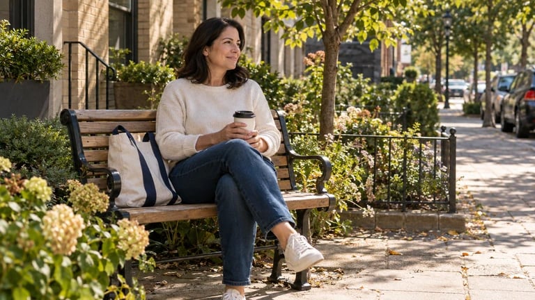 A person sits with a cup on a bench in a neighborhood garden.