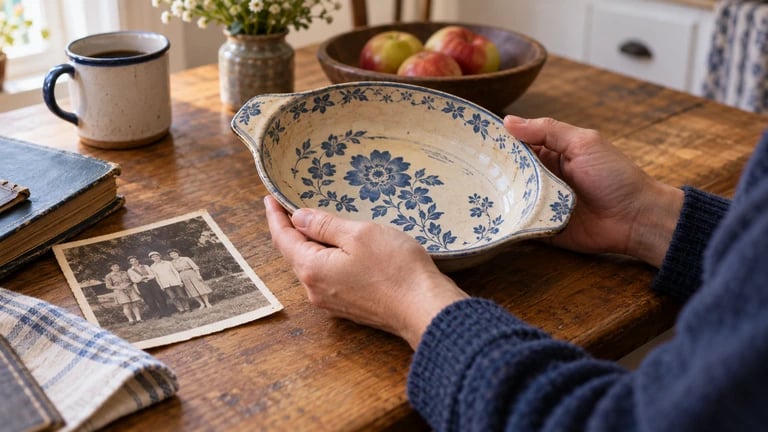 A person holds a patterned bowl beside an old photograph.