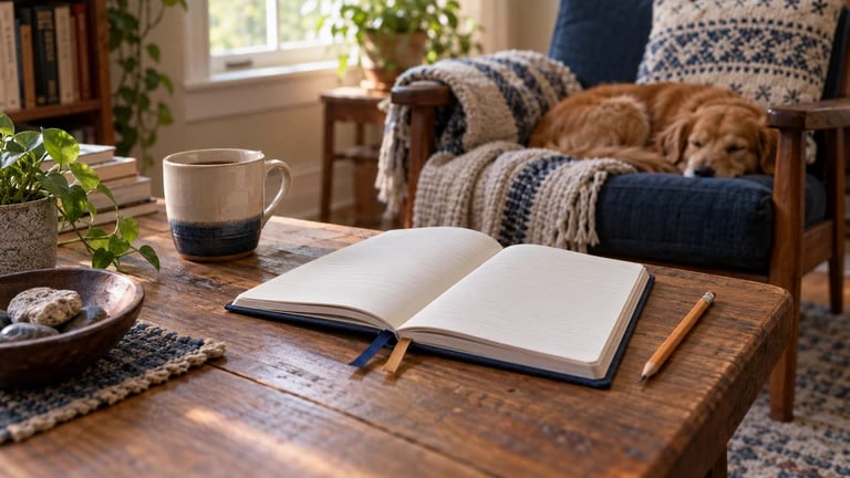 An open blank notebook and a cup sit beside a comfortable armchair.