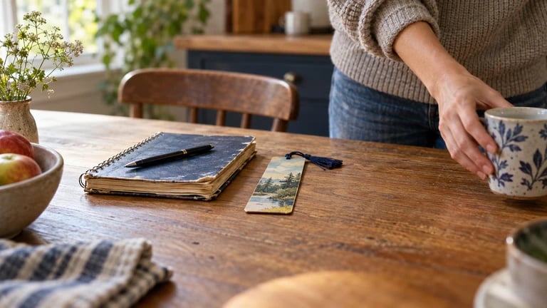 A person clears a cup from a table with a closed notebook and pen.