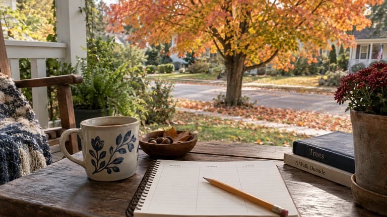 A porch table with a cup and notebook overlooks an autumn tree.