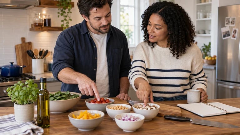 Two people discuss separate food ingredients laid out before cooking.