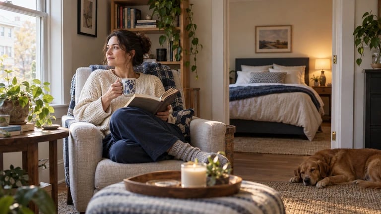 A person reads in a living room with a separate sleeping space visible behind.