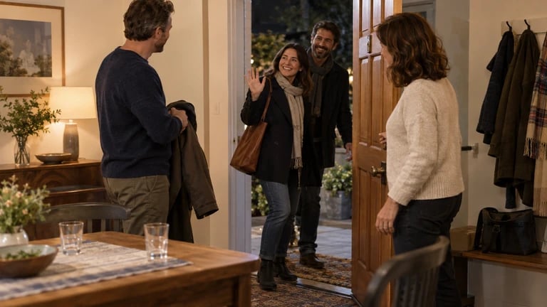 Friends say goodbye at a doorway after a gathering.
