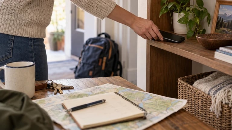 A person sets a phone on a shelf beside a bag and a planning table.