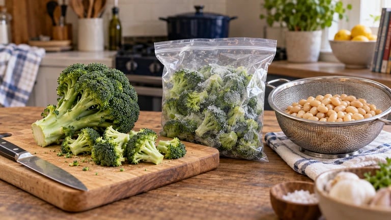 Fresh broccoli, frozen broccoli and canned beans sit together on a kitchen counter.
