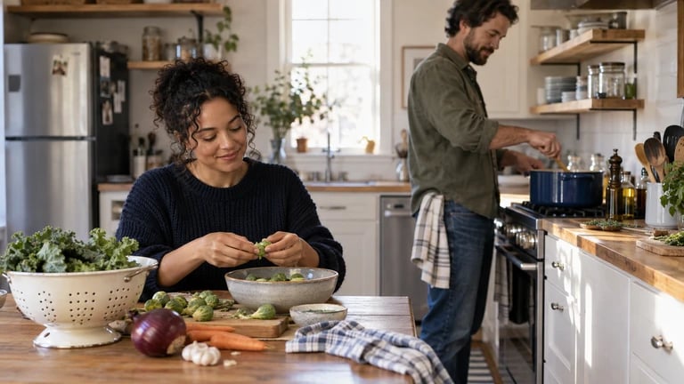 Two people prepare different parts of a meal, one seated and one at the stove.