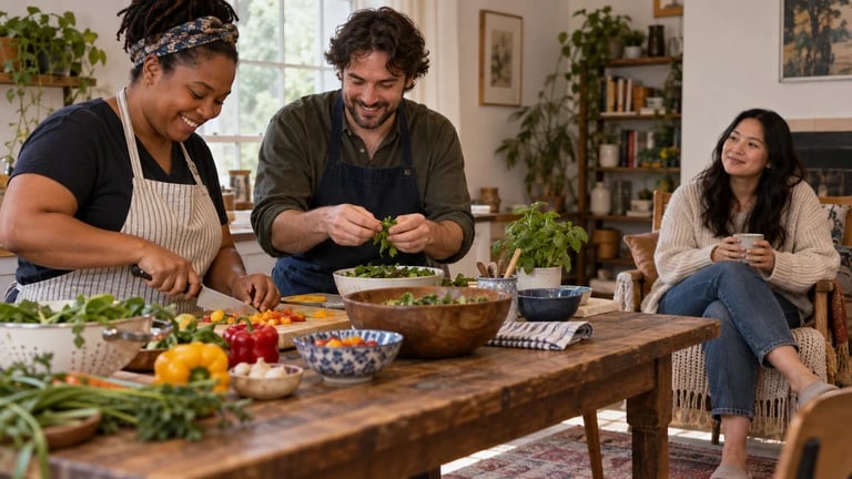 Two people prepare vegetables while a third sits nearby with a cup.