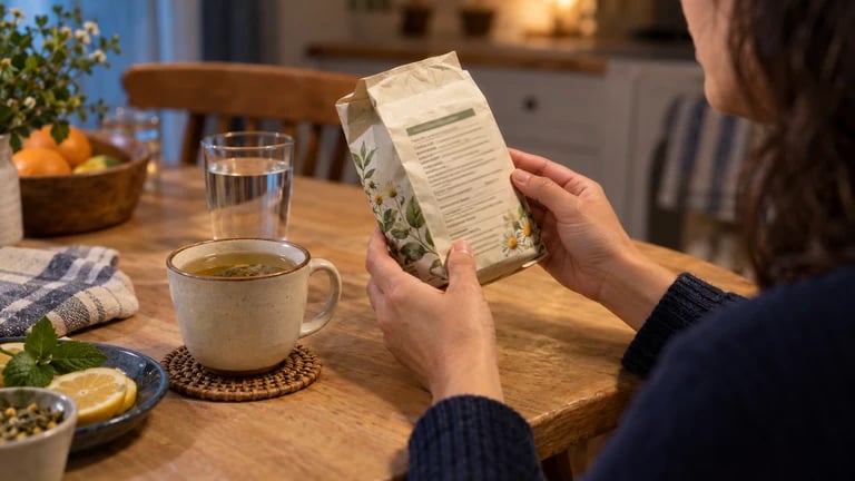 A person checks a drink package beside a cup in the evening.