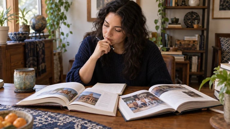 A reader compares several open books at a table.