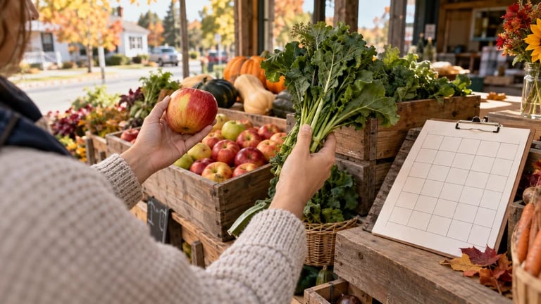 A shopper compares autumn produce beside a blank calendar at a neighborhood market.