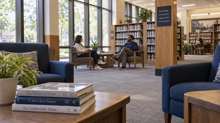 People sit and talk in a library space with comfortable chairs.