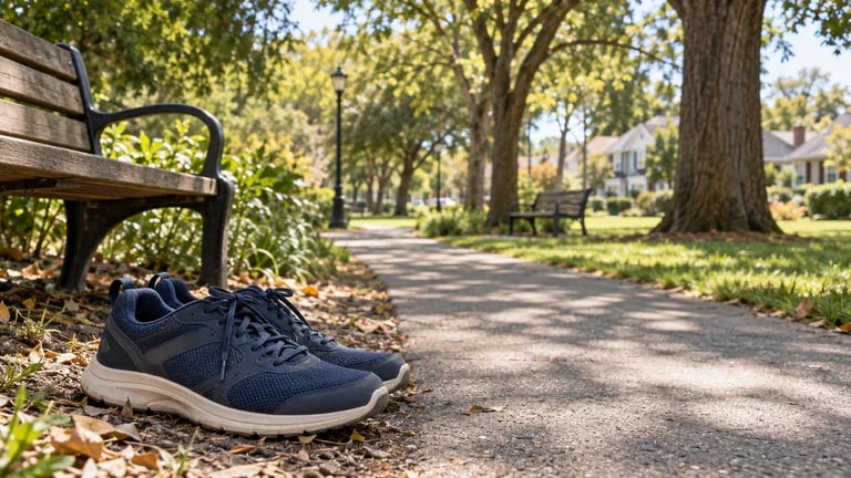 Walking shoes rest beside a level park path and bench.