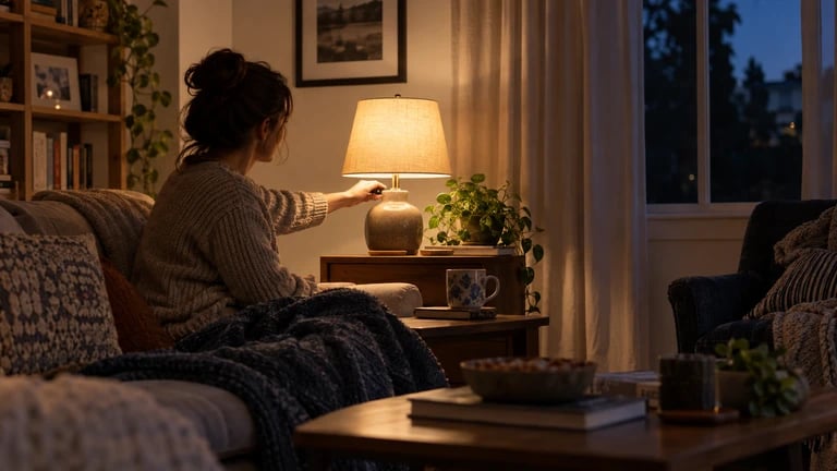 A person adjusts a bedside lamp in a softly lit room.