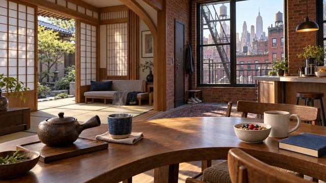 A shared table brings a Japanese-inspired interior and a New York-inspired apartment into one imagined space.