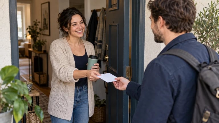Two neighbors exchange a small invitation at an open doorway.