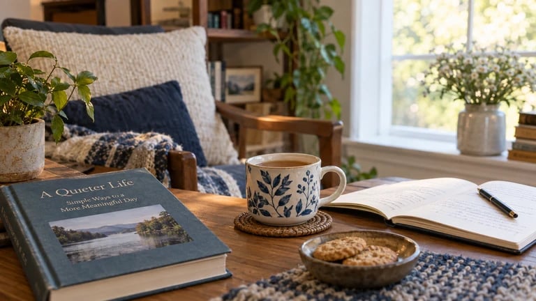 A book, a cup and a notebook sit by a bright window.