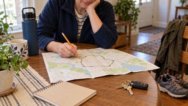 A person looks over a map at a table before an outing.