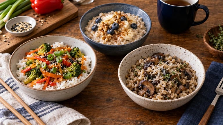 Three bowls show a grain served with vegetables, mushrooms and fruit in different dishes.