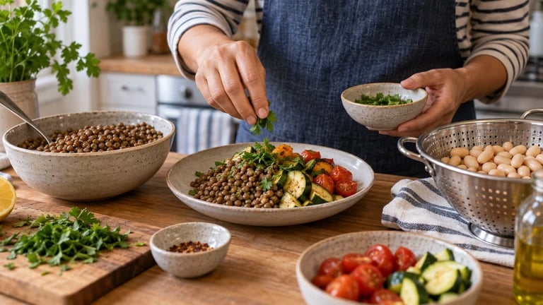 A cook adds herbs to a lentil dish beside bowls of other beans.