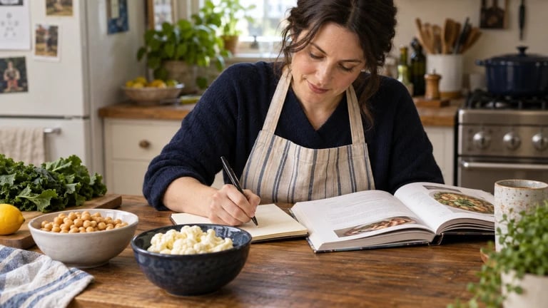 A cook writes a note beside ingredients and an open cookbook.