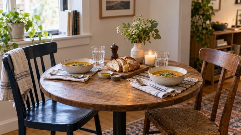 A small dining table is set with a simple meal for two.