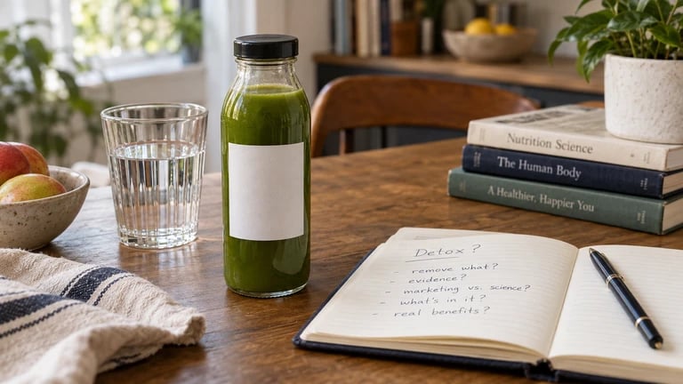 An unlabeled green drink sits beside water, a notebook and books.