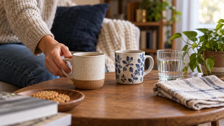 A person places a cup beside another cup and water on a shared table.