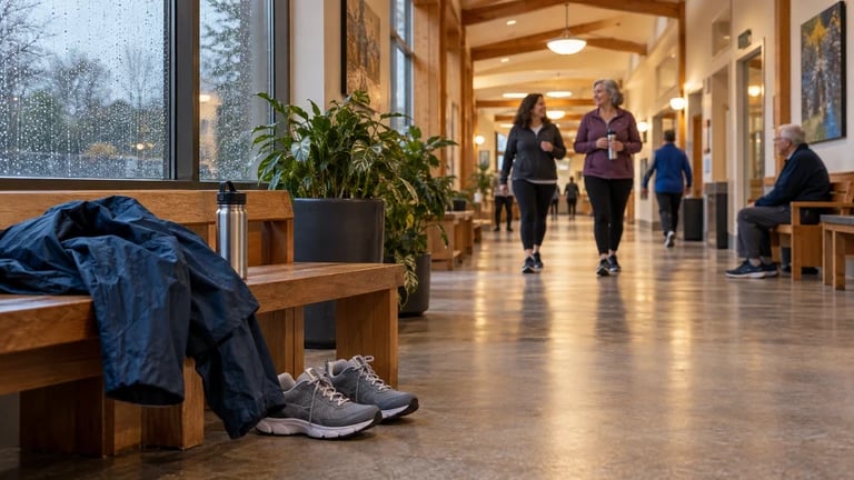 An indoor community walkway offers seating beside a rainy window.
