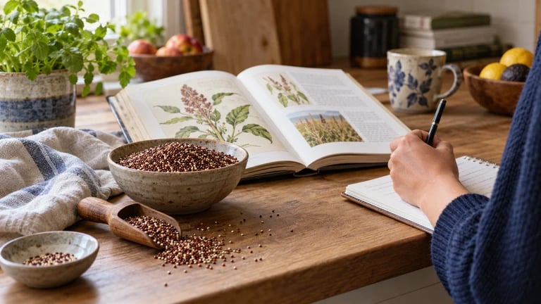 A reader studies a book beside a bowl of grain and makes a note.
