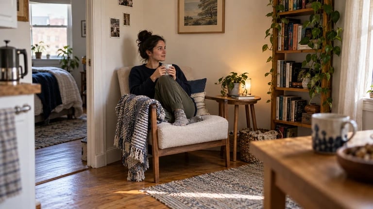 A person sits with a cup in a small chair beside a bright window.