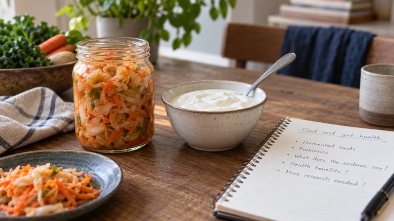 A jar of vegetables and a bowl of yogurt sit beside an open notebook.