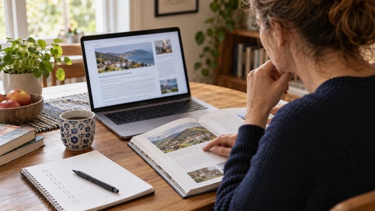 A reader compares a laptop article with an open printed book.