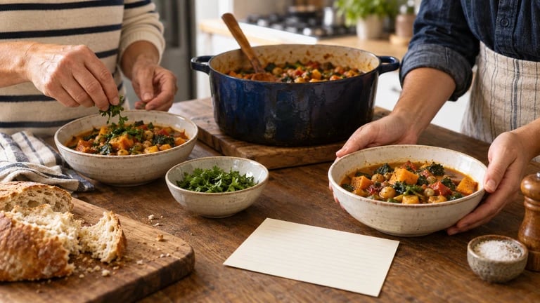 Two people serve a shared dish into bowls at a kitchen table.