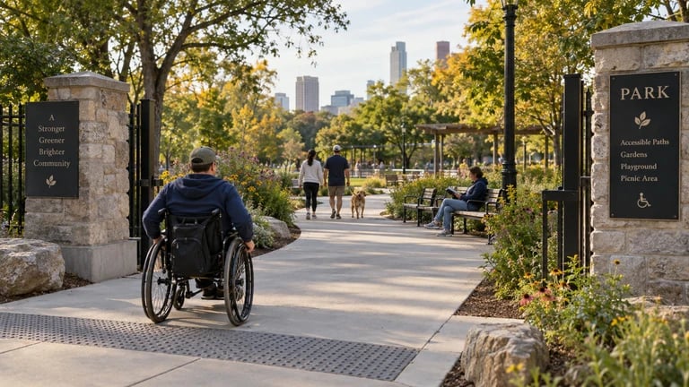 A wheelchair user follows a paved park route near a bench and entrance sign.