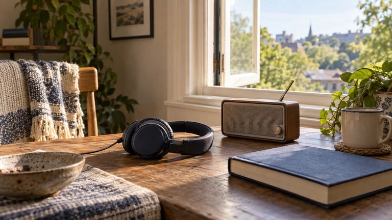 Headphones, a radio and a notebook sit on a quiet window-side table.