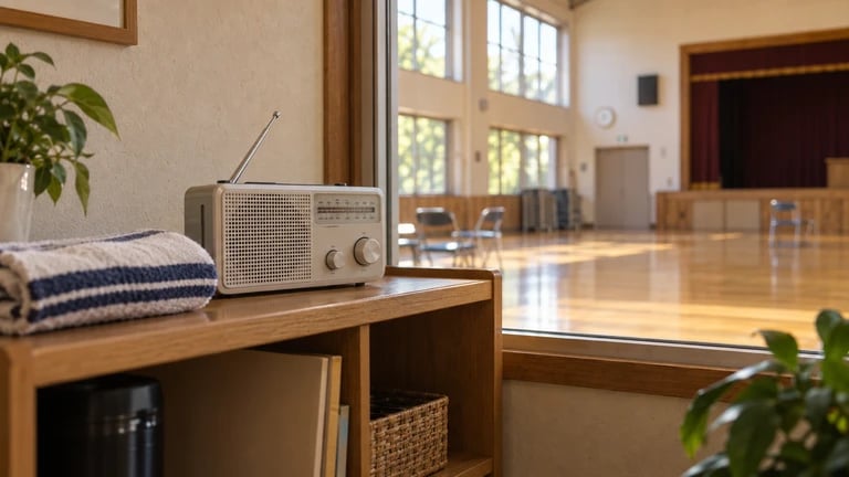 A radio stands at the side of an empty community movement room.