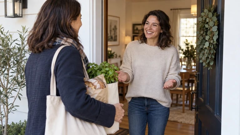 A visitor holding groceries talks with a host at the door.