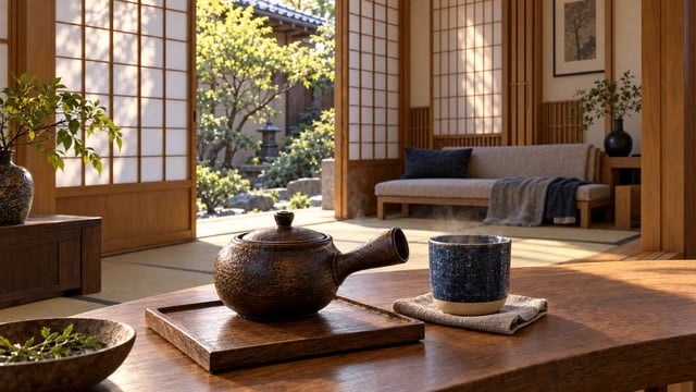 A sunlit Japanese-inspired room with a teapot and blue cup on a wooden table.