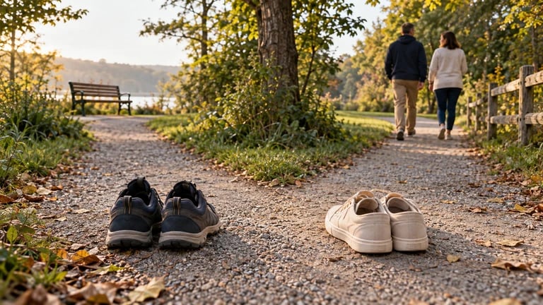 Two pairs of shoes sit in the foreground of a path where two people walk together.