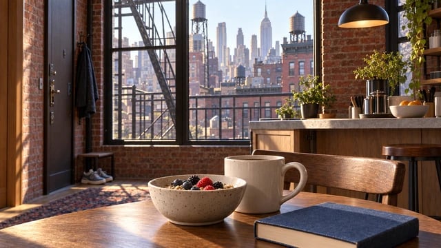 Morning light in a New York-inspired apartment, with breakfast and a notebook on the table.