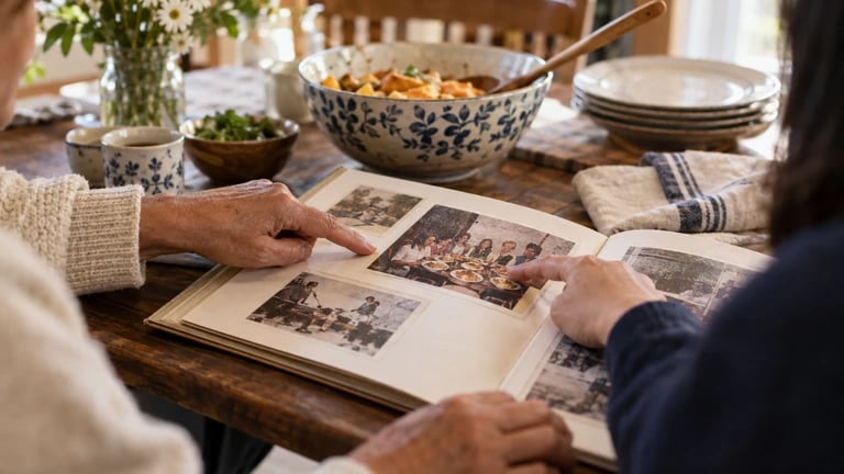 Hands point to photographs in an album beside a shared meal.