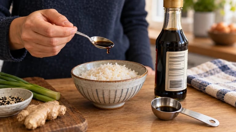 A person measures sauce with a spoon beside rice and a bottle with a label.