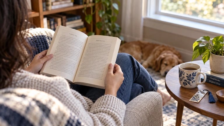 A reader holds an open book beside a cup and a resting dog.