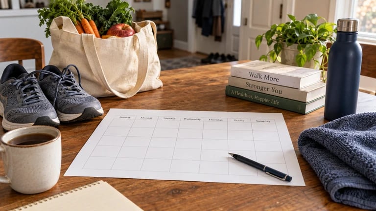 A weekly calendar sits beside walking shoes, groceries and a water bottle.