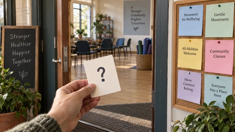 A hand holds a question card outside a community class space.